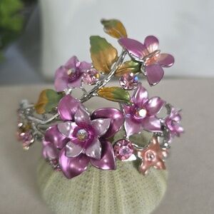 Vintage Silver Pink Flowers Clamper Hinge Bracelet Enamel